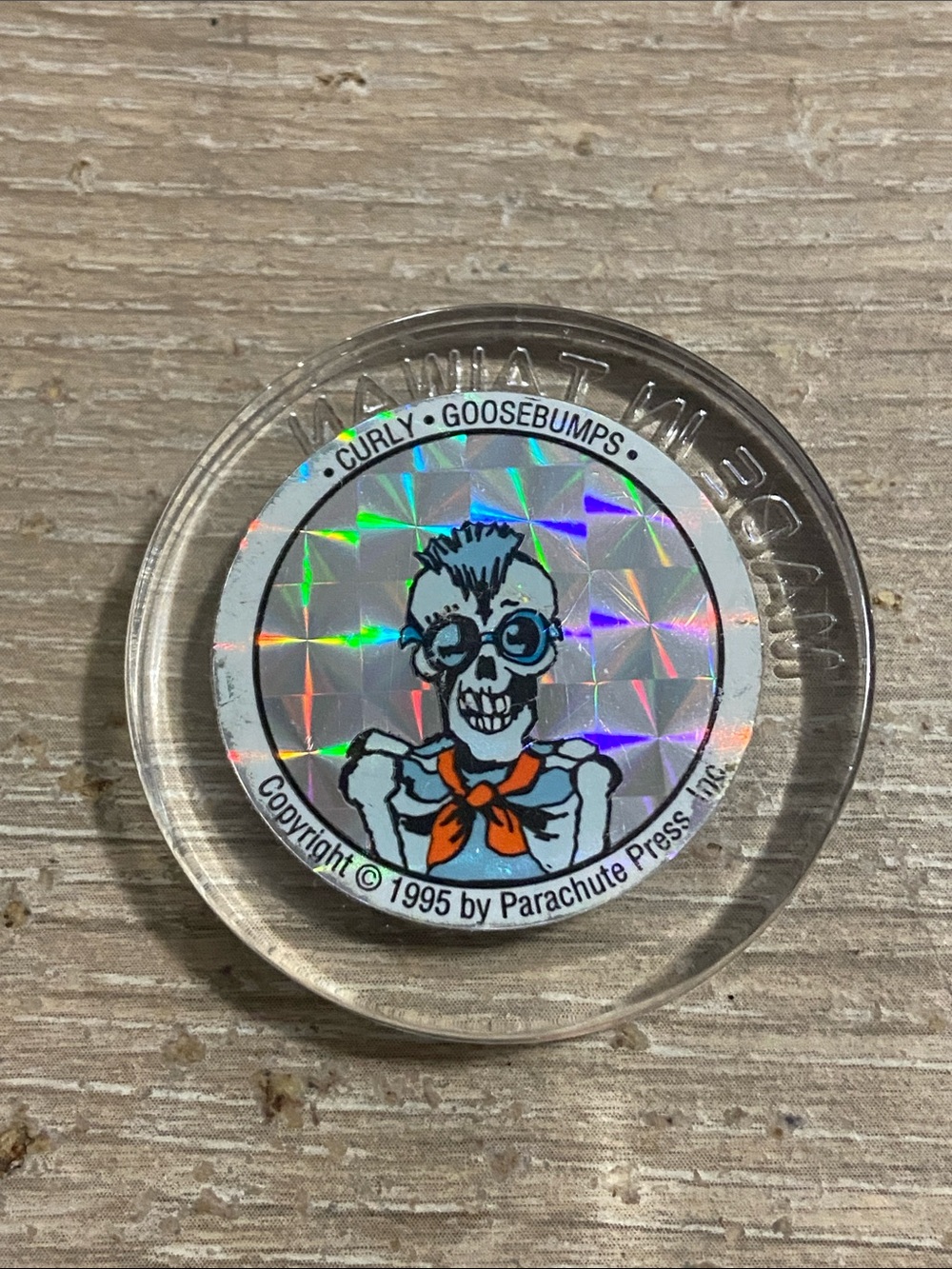 VTG Goosebumps POG Curly Slammer Christmas Skeleton in Santa Cap 1995 Plastic